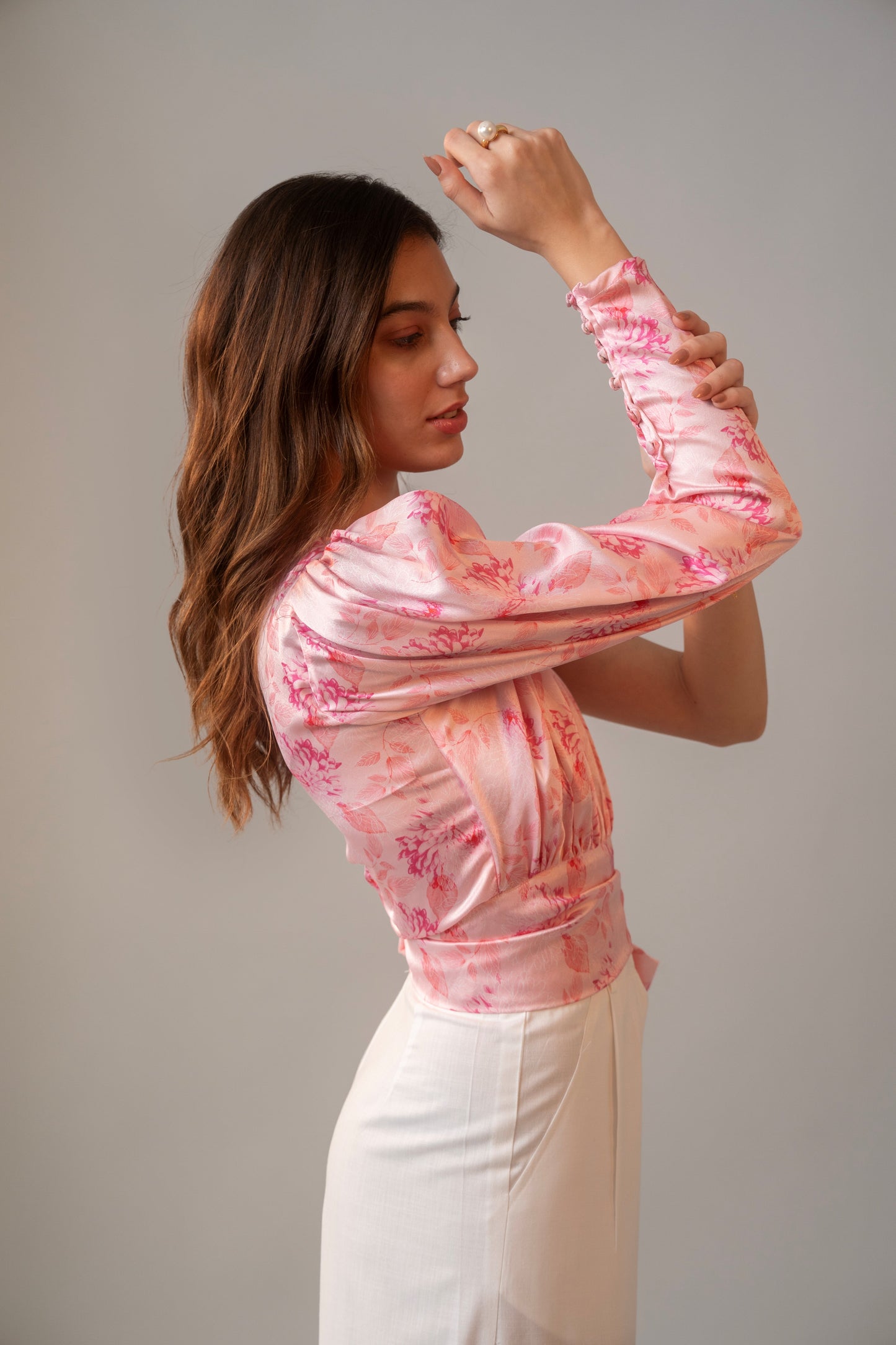 Moon Dahlia Satin Top In Pink