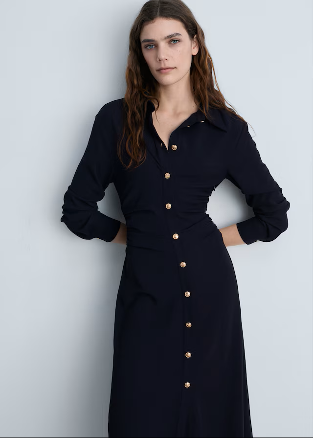 Navy Blue Draped Waist Midi Dress