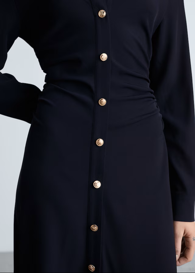 Navy Blue Draped Waist Midi Dress