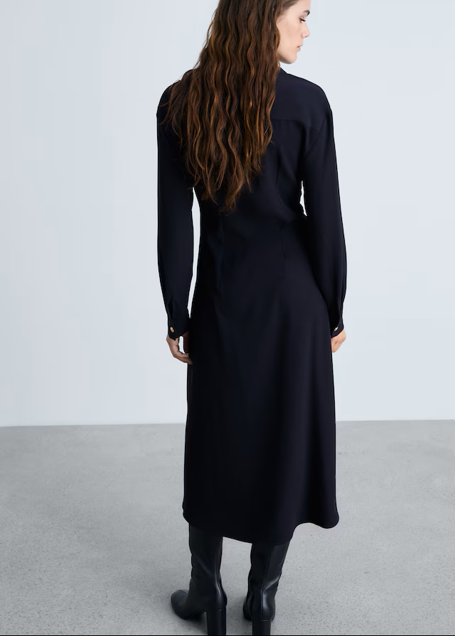 Navy Blue Draped Waist Midi Dress