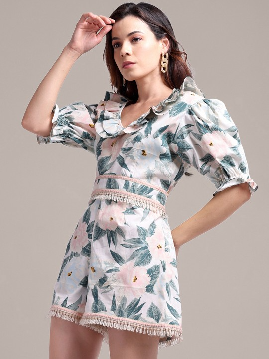 Puff Sleeves V-Neck Playsuit