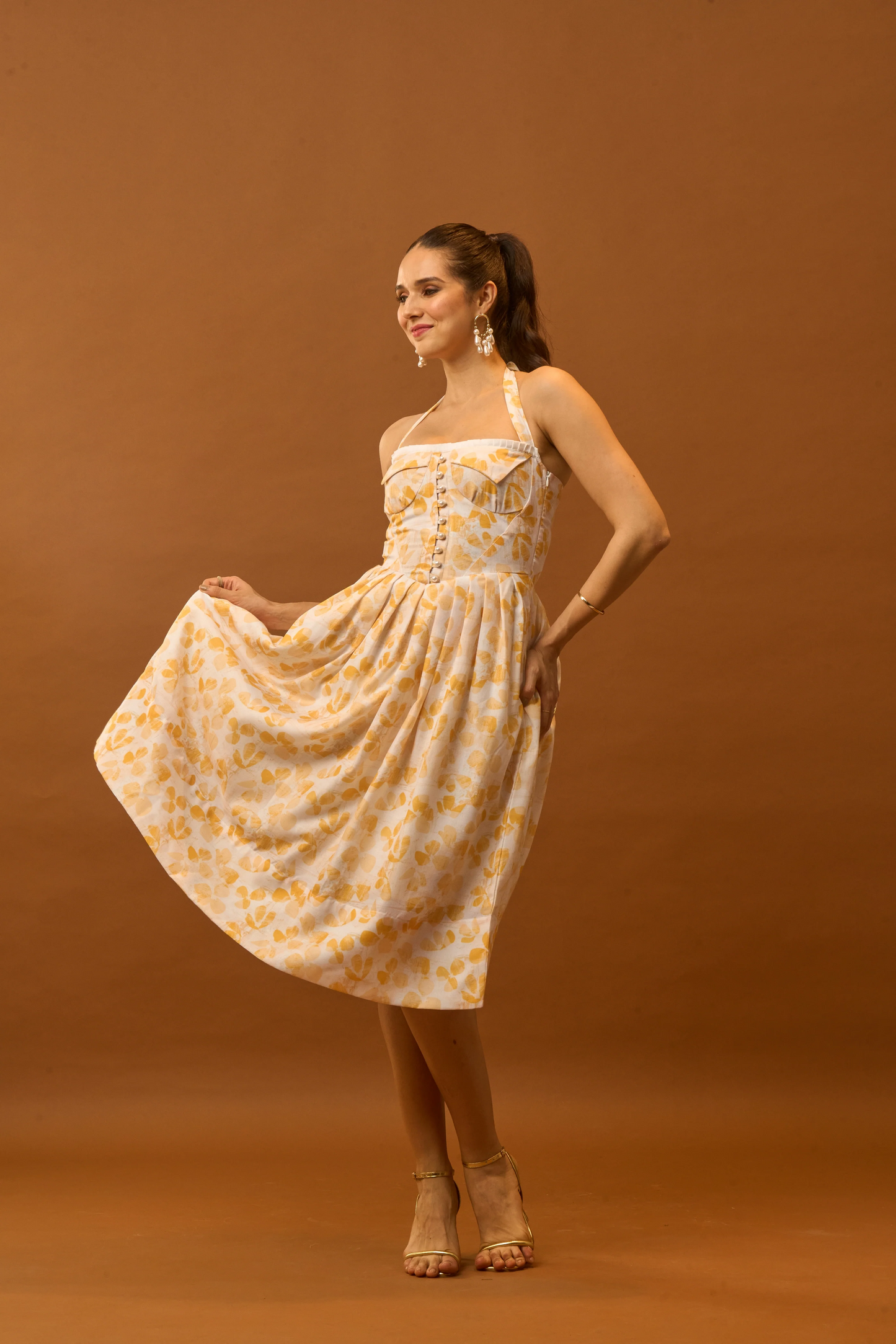Moon Tie-Around Neck Strap Dress In Yellow