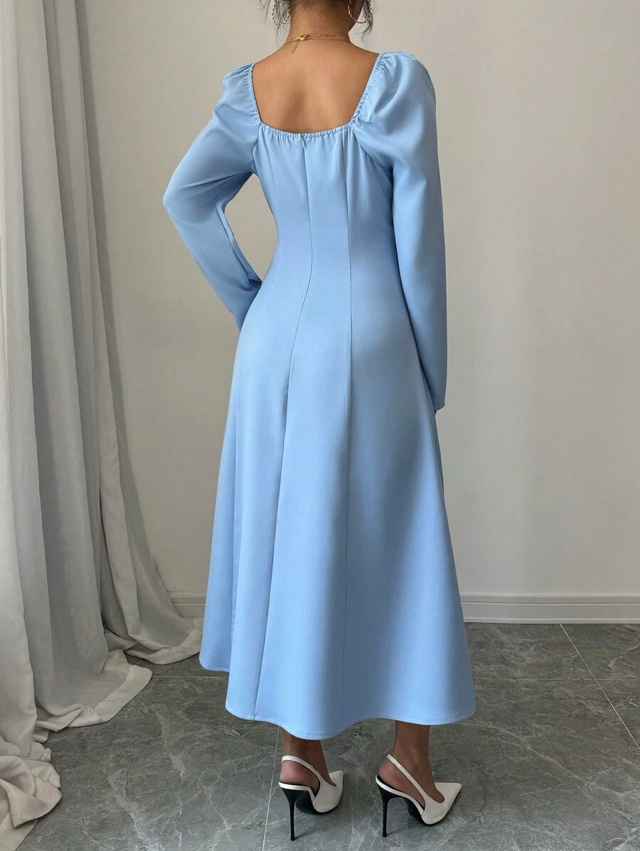 Blue Square Neck Long Sleeve Bowknot Dress
