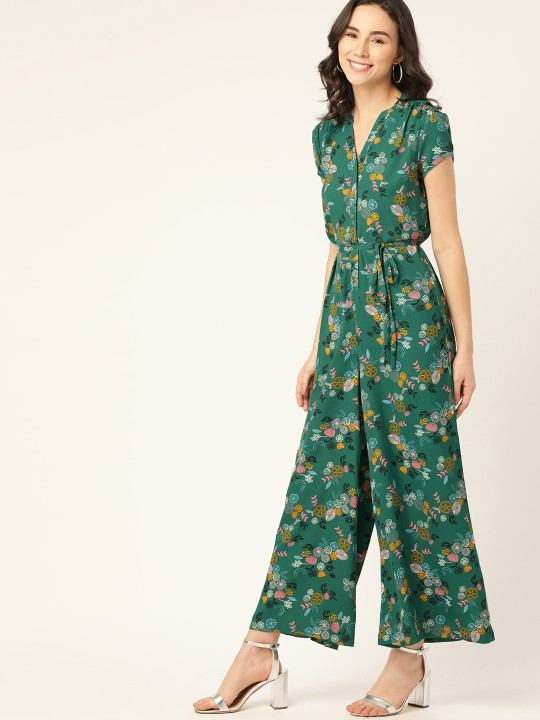 Green Printed Basic Jumpsuit with Belt