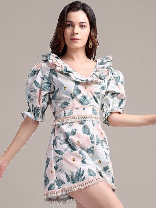 Puff Sleeves V-Neck Playsuit