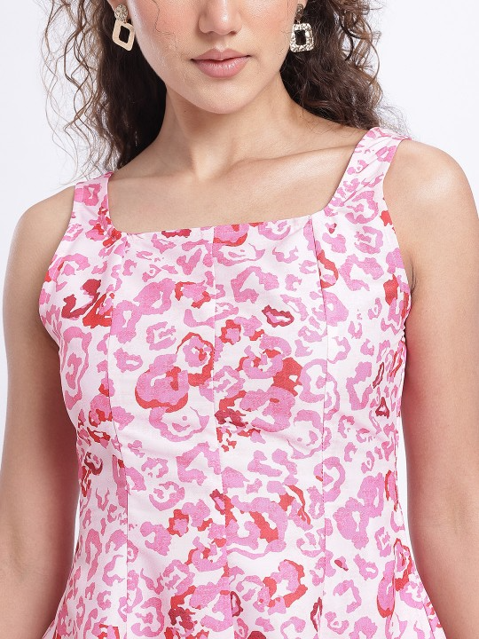Pink Smocked Abstract Fit & Flare Dress