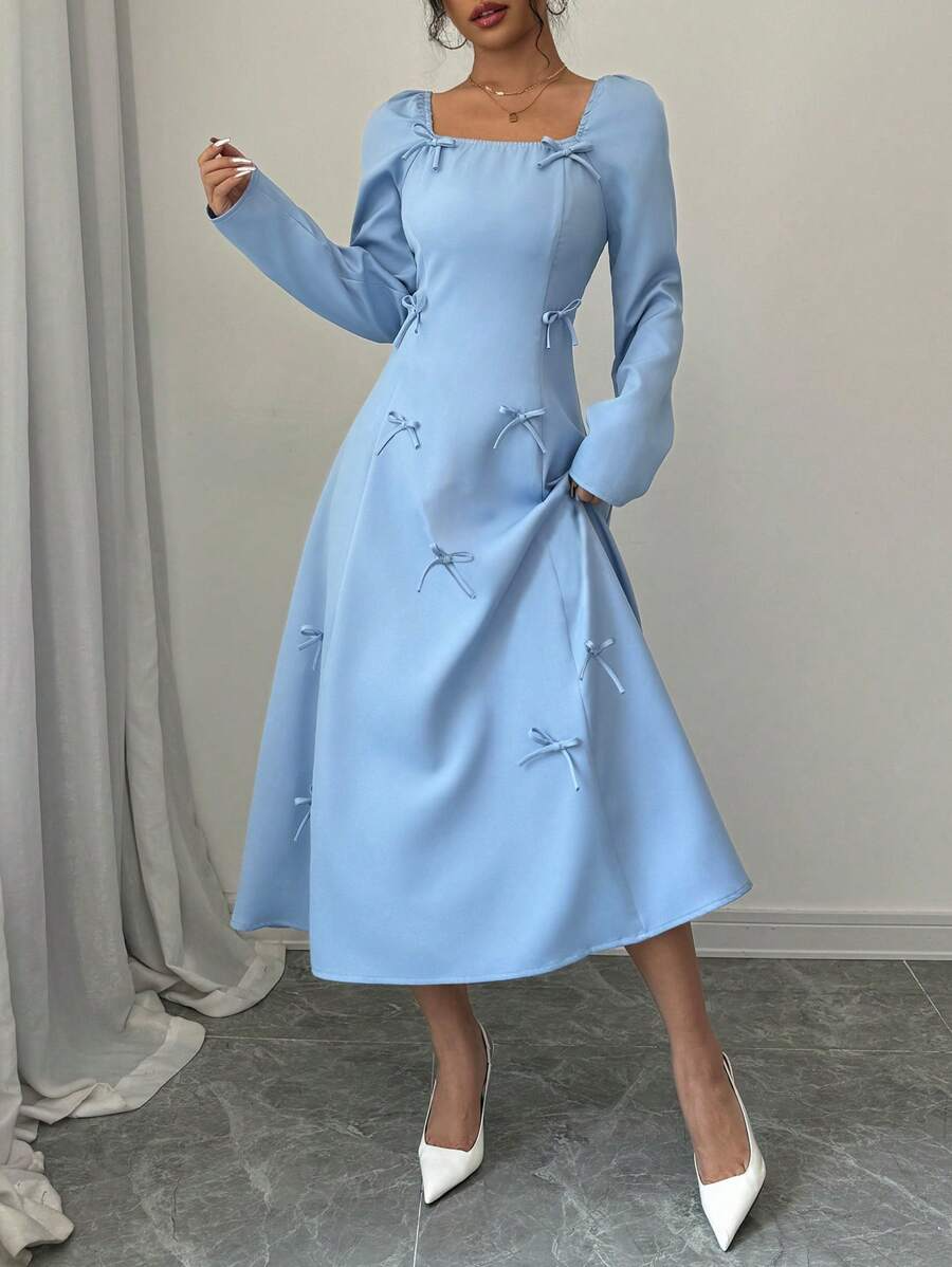 Blue Square Neck Long Sleeve Bowknot Dress