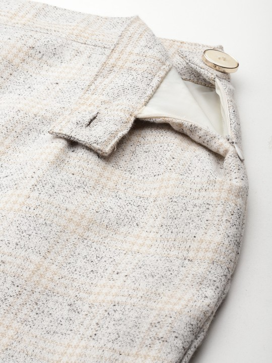 Checked Front-Open Blazer & Skirt Set