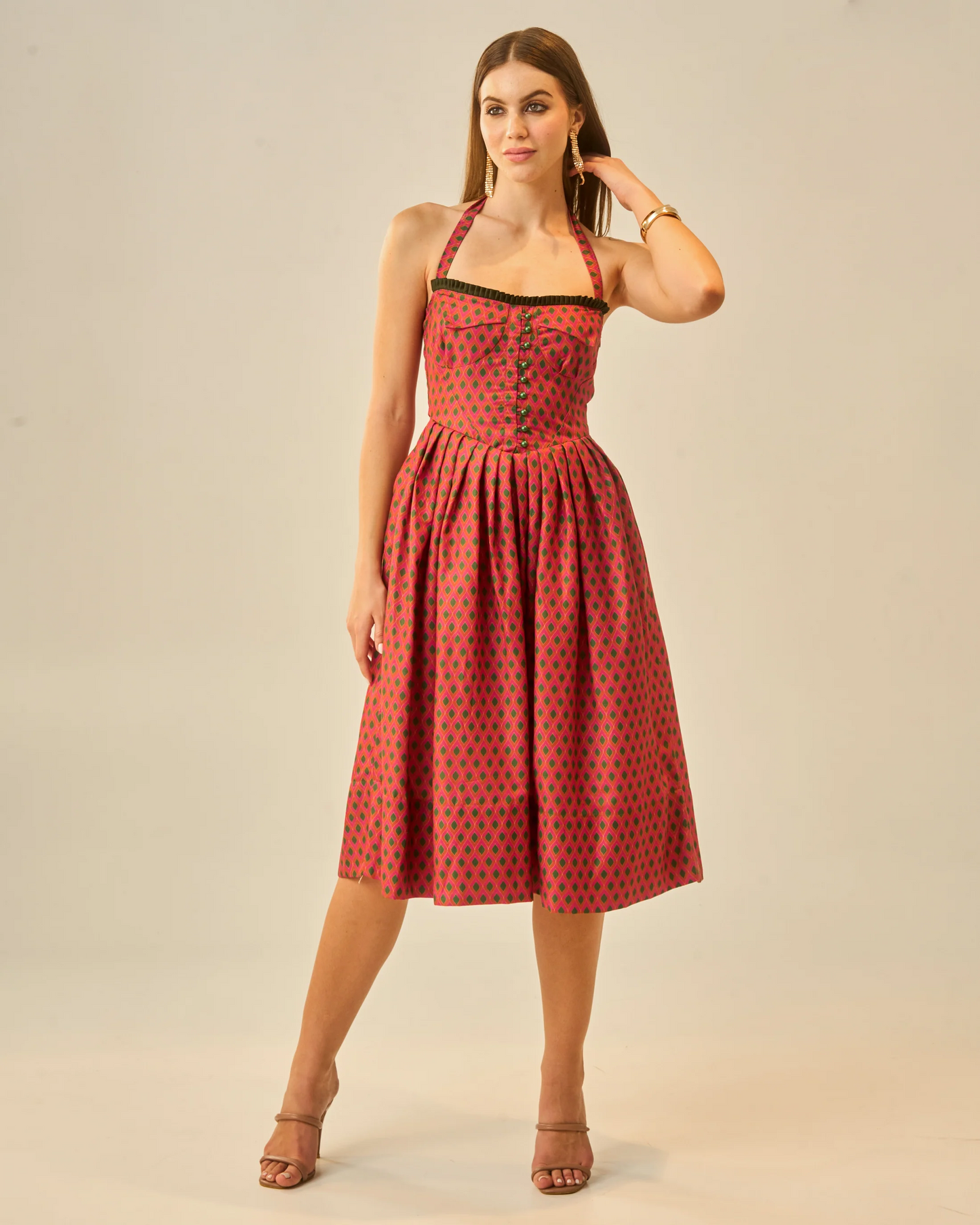 Moon Tie-Around Neck Strap Dress In Red