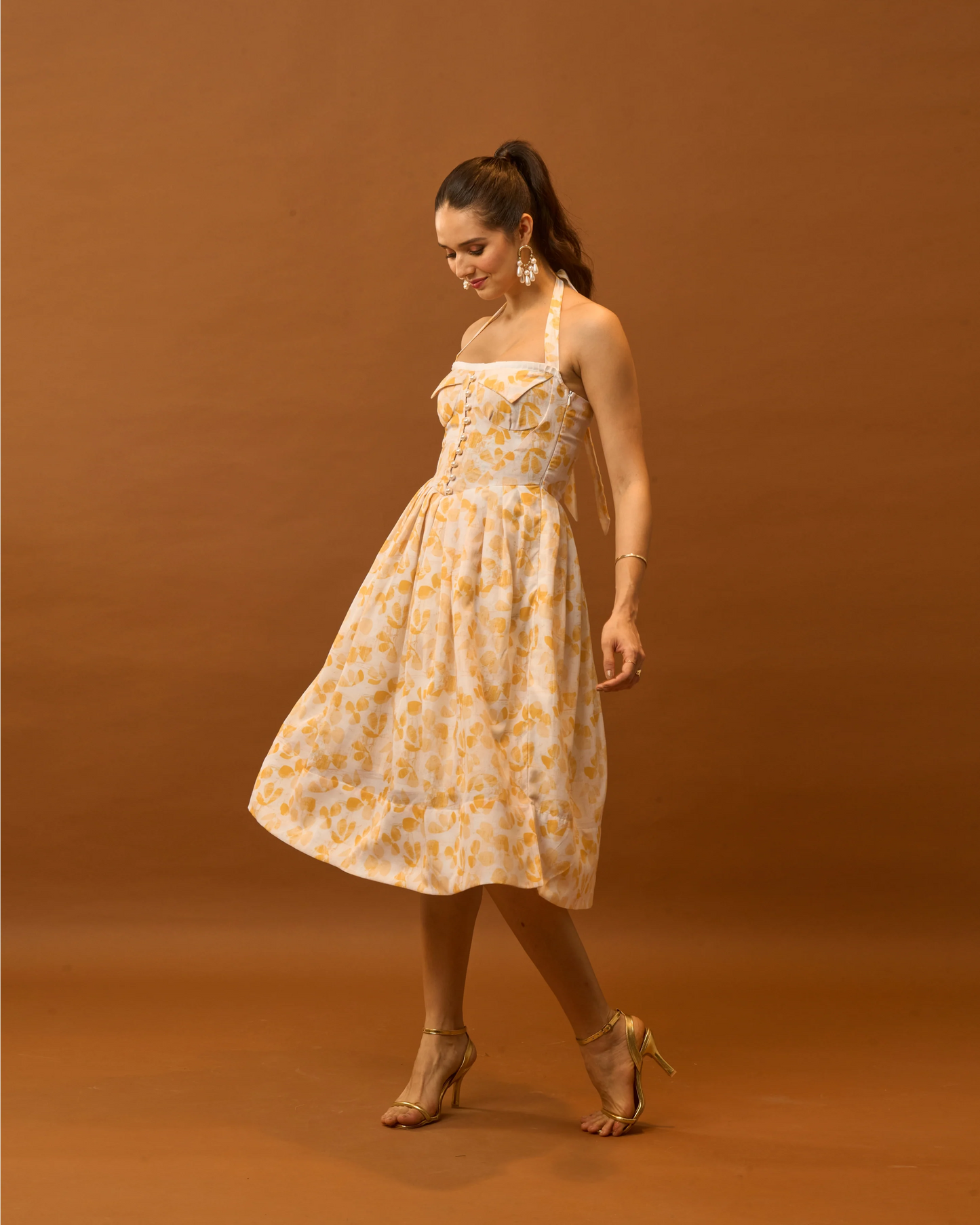 Moon Tie-Around Neck Strap Dress In Yellow
