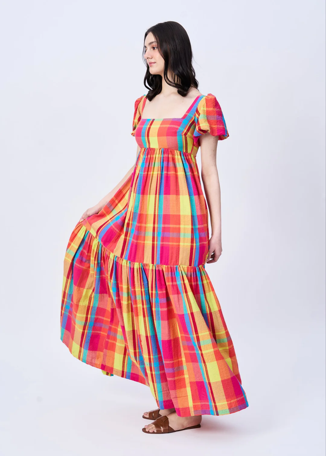 Checked Puff Sleeves Maxi Dress