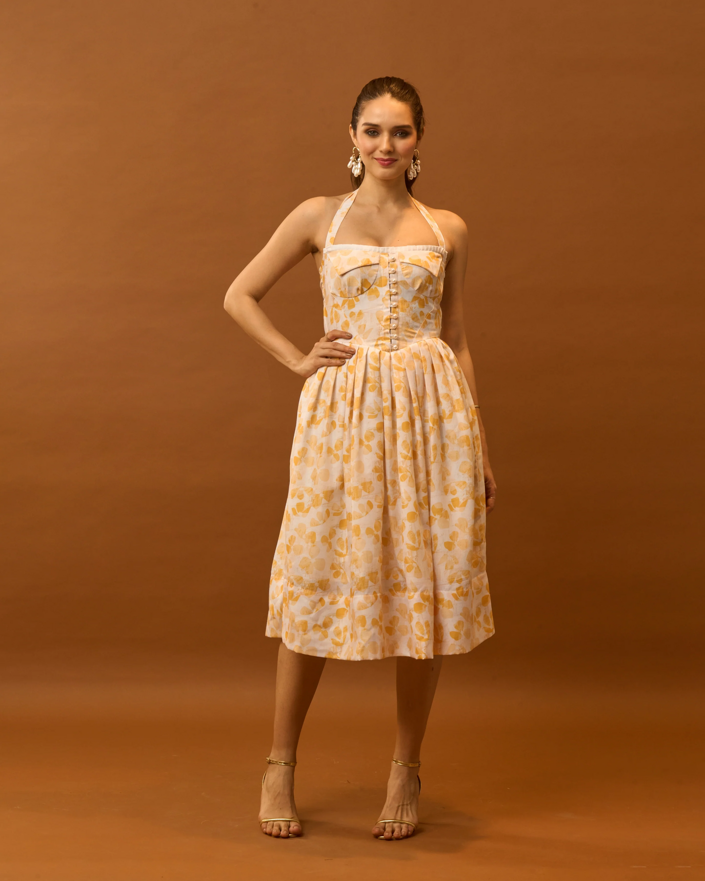 Moon Tie-Around Neck Strap Dress In Yellow