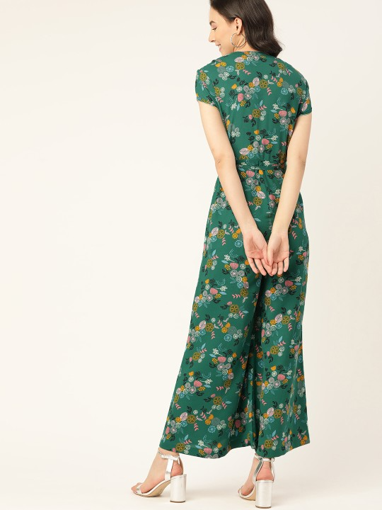 Green Printed Basic Jumpsuit with Belt