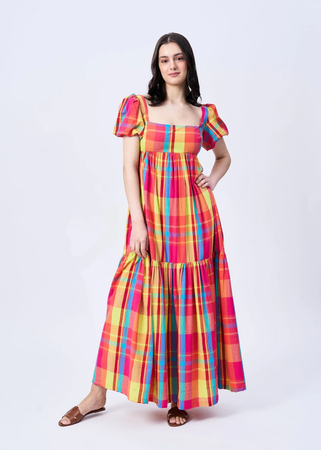Checked Puff Sleeves Maxi Dress