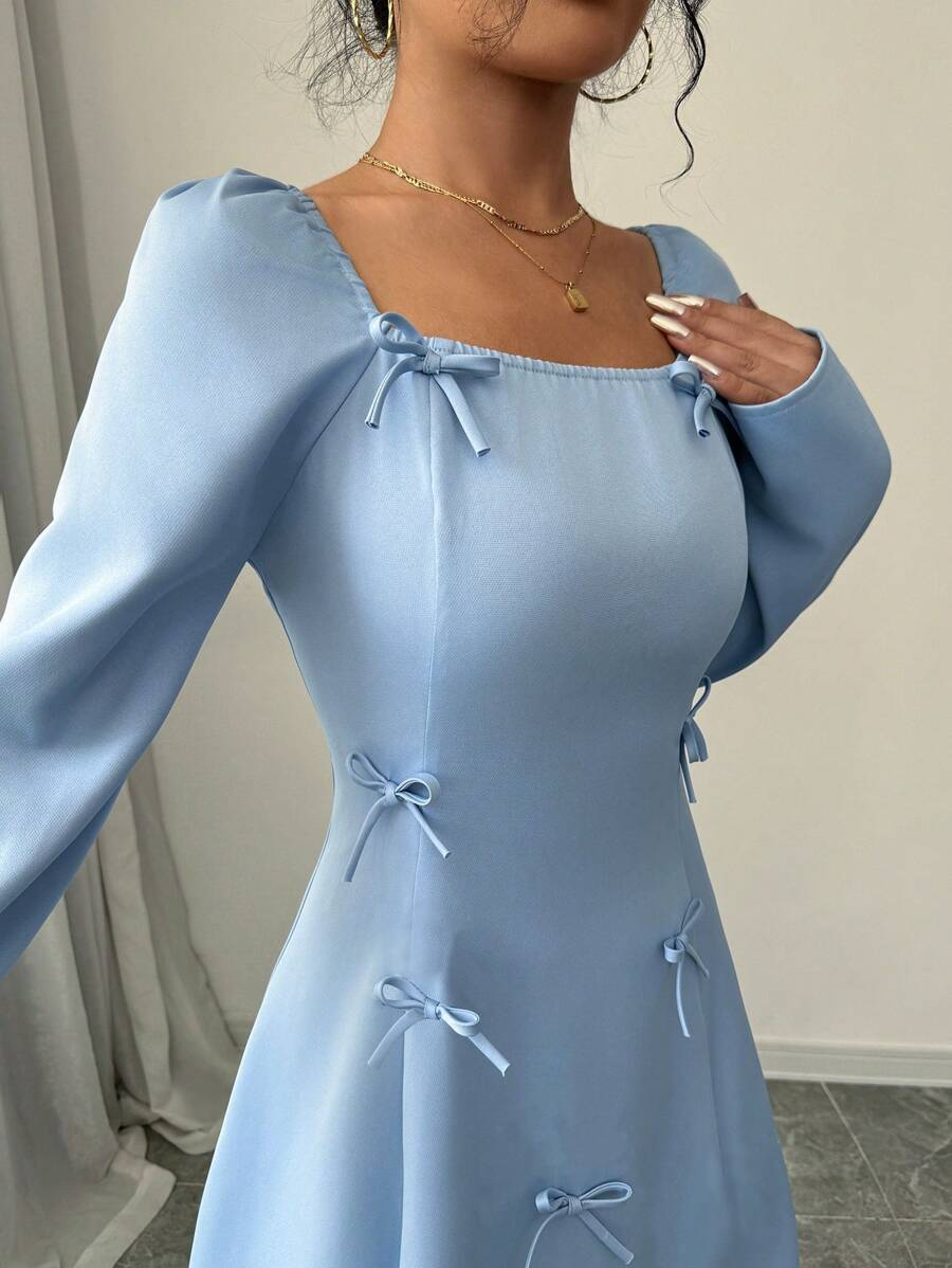 Blue Square Neck Long Sleeve Bowknot Dress