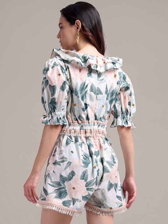 Puff Sleeves V-Neck Playsuit