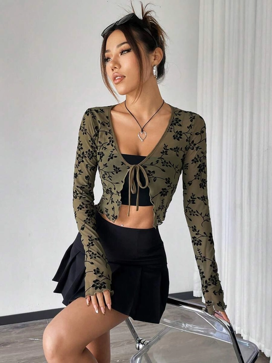 Green Full Sleeves Sheer Top