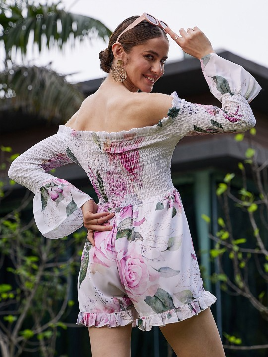 Off-Shoulder Smocked Playsuit
