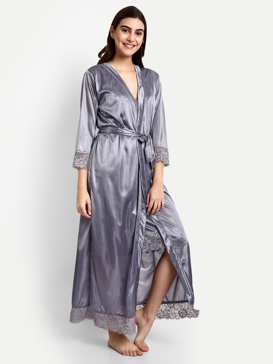 Grey Satin Nightdress With Long Robe