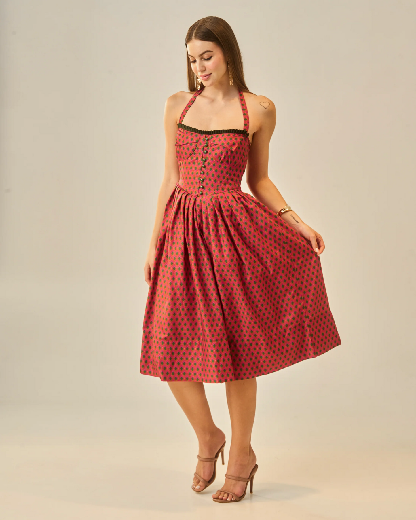 Moon Tie-Around Neck Strap Dress In Red