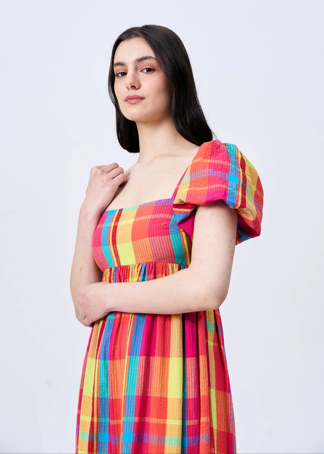 Checked Puff Sleeves Maxi Dress