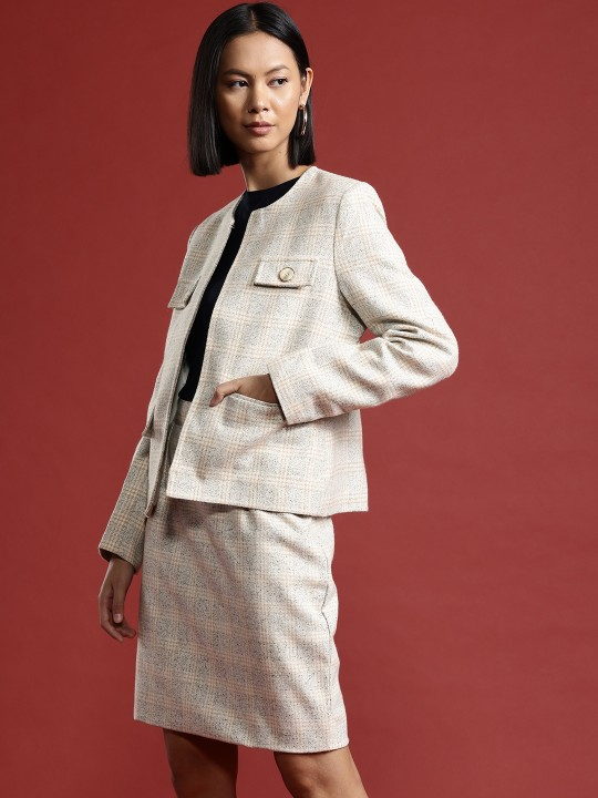 Checked Front-Open Blazer & Skirt Set