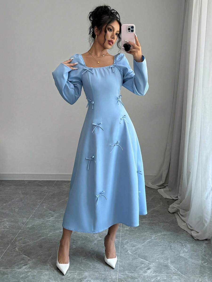 Blue Square Neck Long Sleeve Bowknot Dress