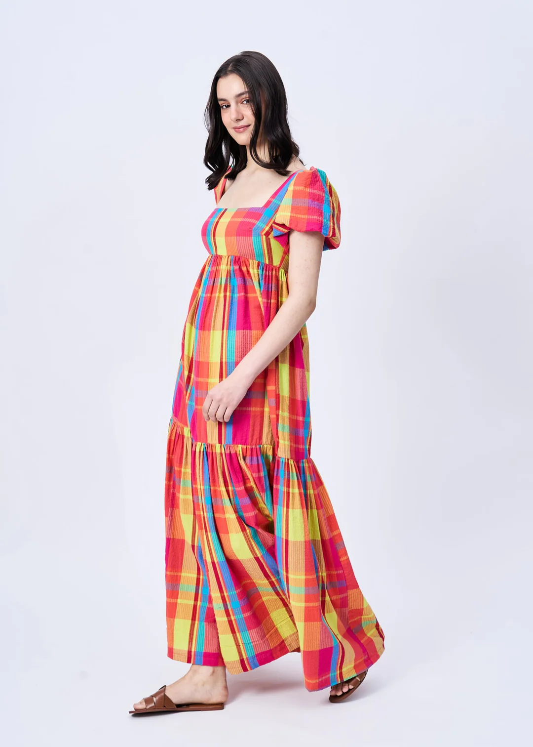 Checked Puff Sleeves Maxi Dress