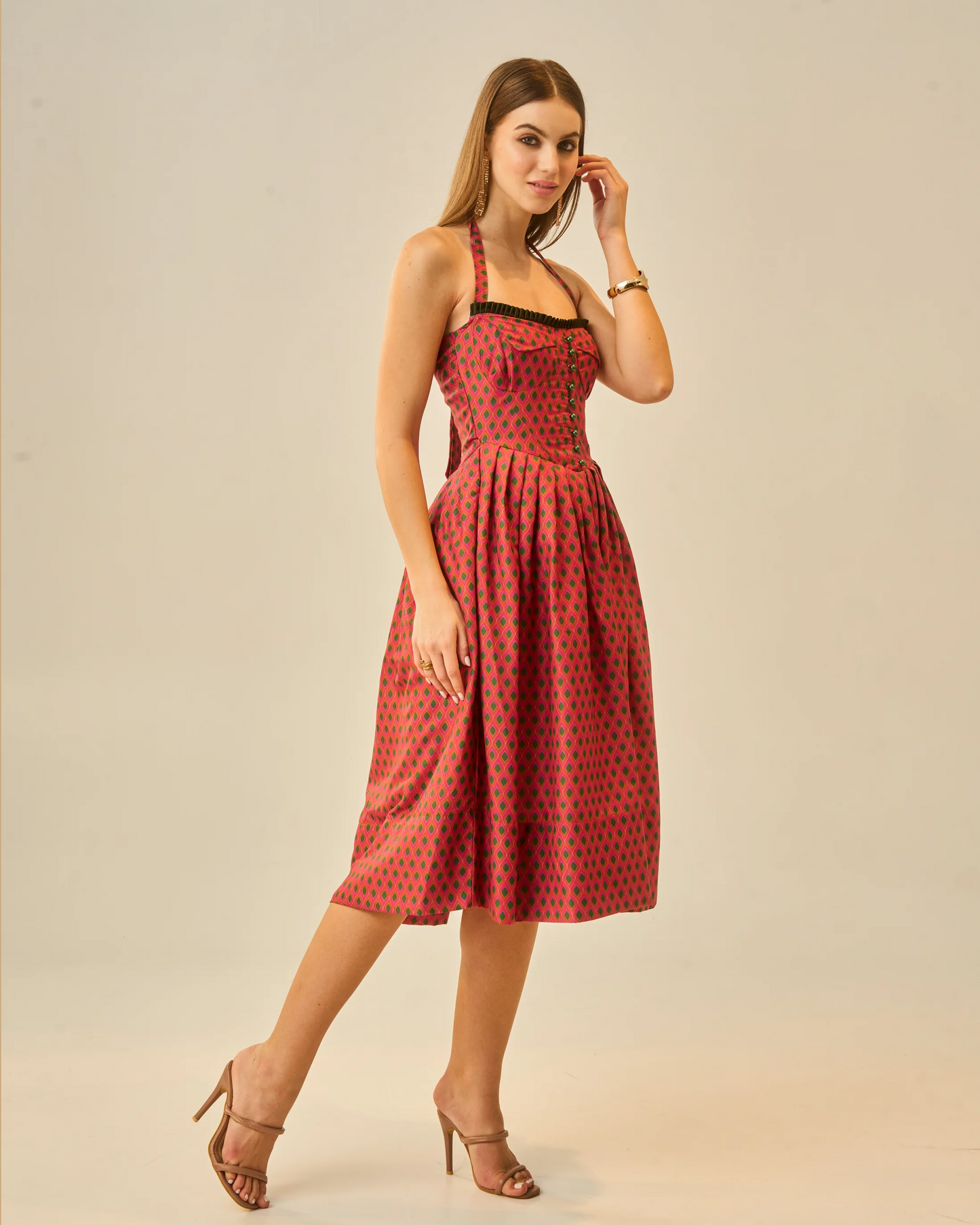 Moon Tie-Around Neck Strap Dress In Red