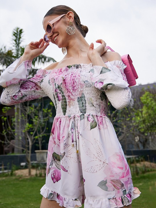 Off-Shoulder Smocked Playsuit