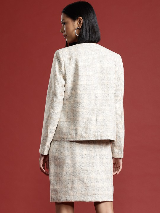 Checked Front-Open Blazer & Skirt Set