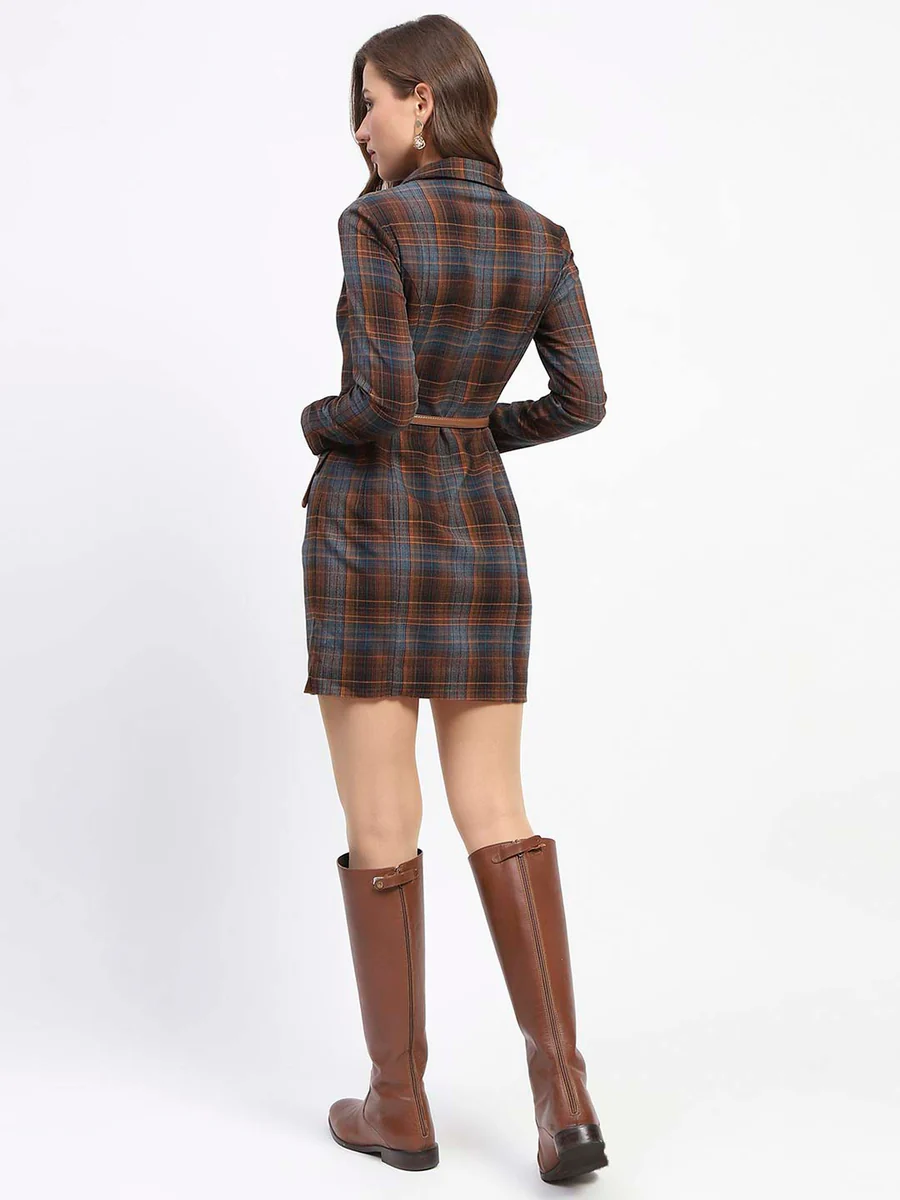 Plaid Pattern Belted Mini Blazer Dress With Belt