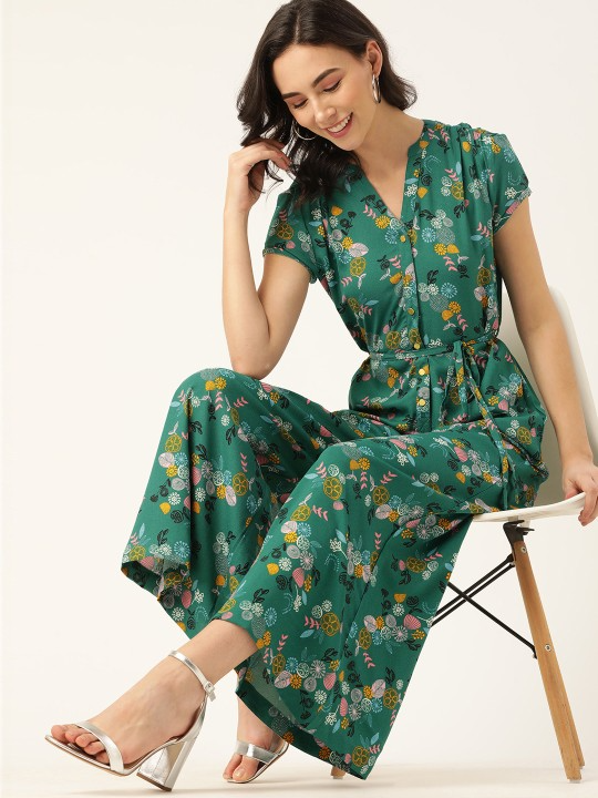 Green Printed Basic Jumpsuit with Belt