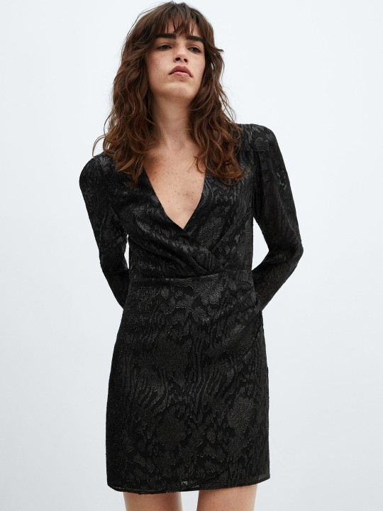 Jacquard V-Neck Black Dress