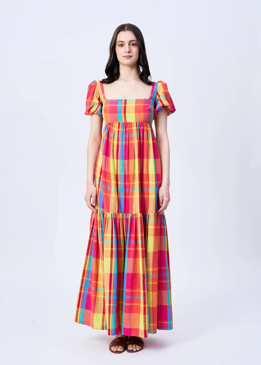 Checked Puff Sleeves Maxi Dress