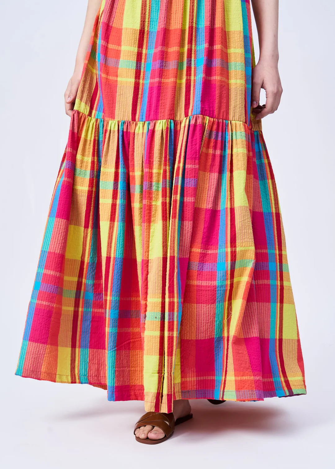 Checked Puff Sleeves Maxi Dress