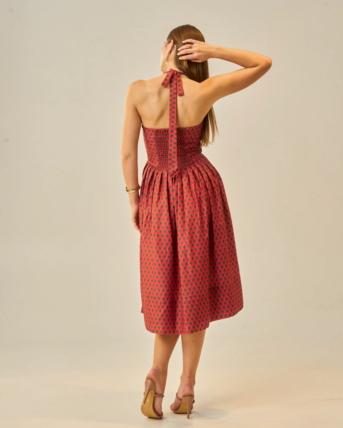 Moon Tie-Around Neck Strap Dress In Red