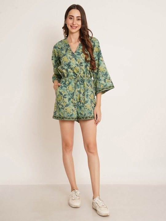 V-Neck Green Printed Jumpsuit