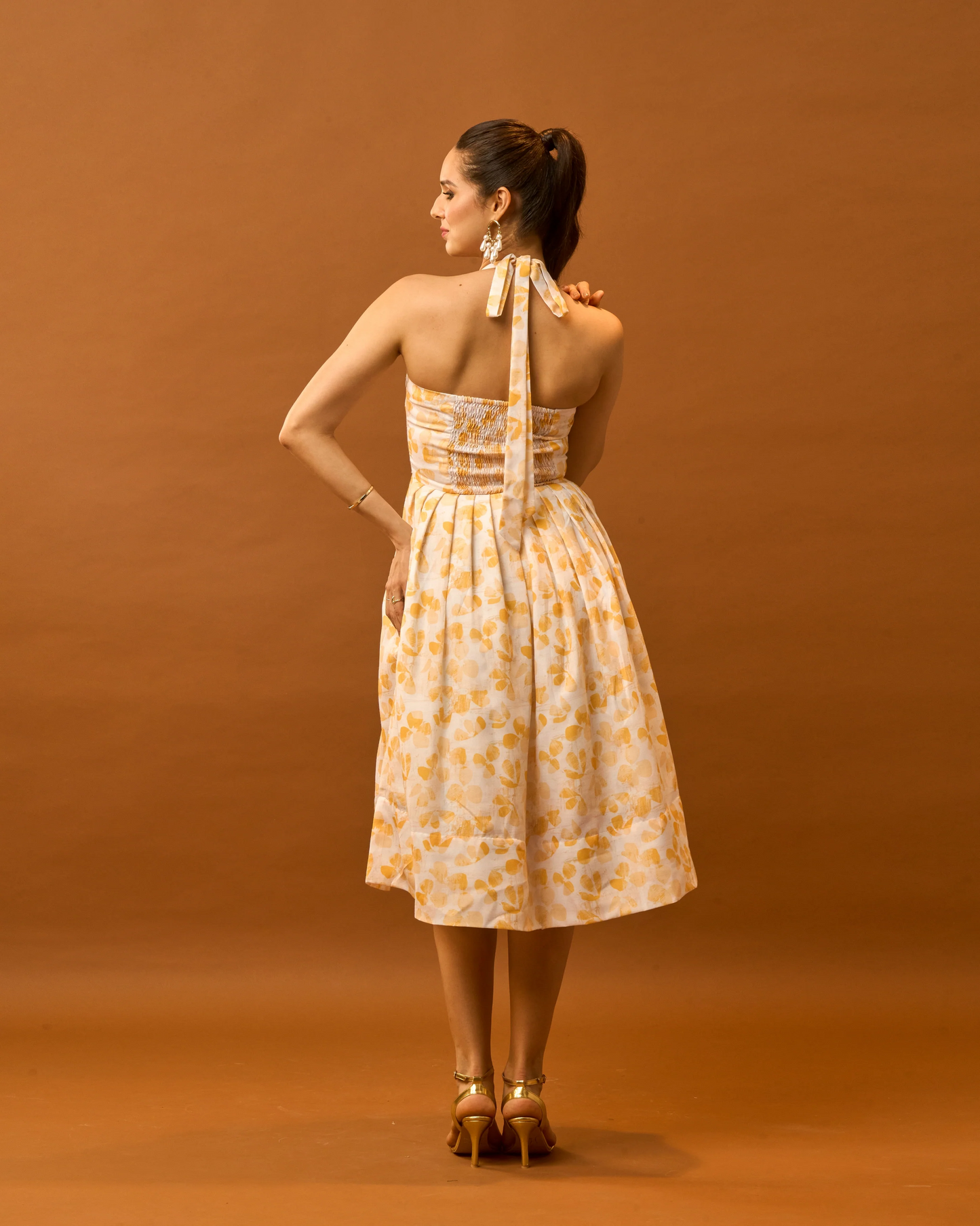 Moon Tie-Around Neck Strap Dress In Yellow