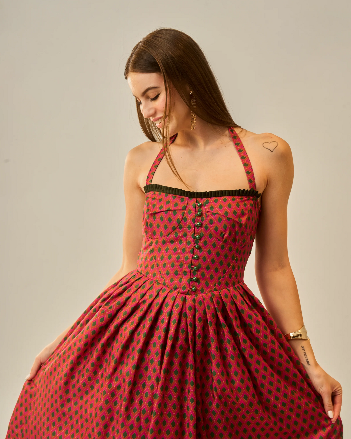 Moon Tie-Around Neck Strap Dress In Red
