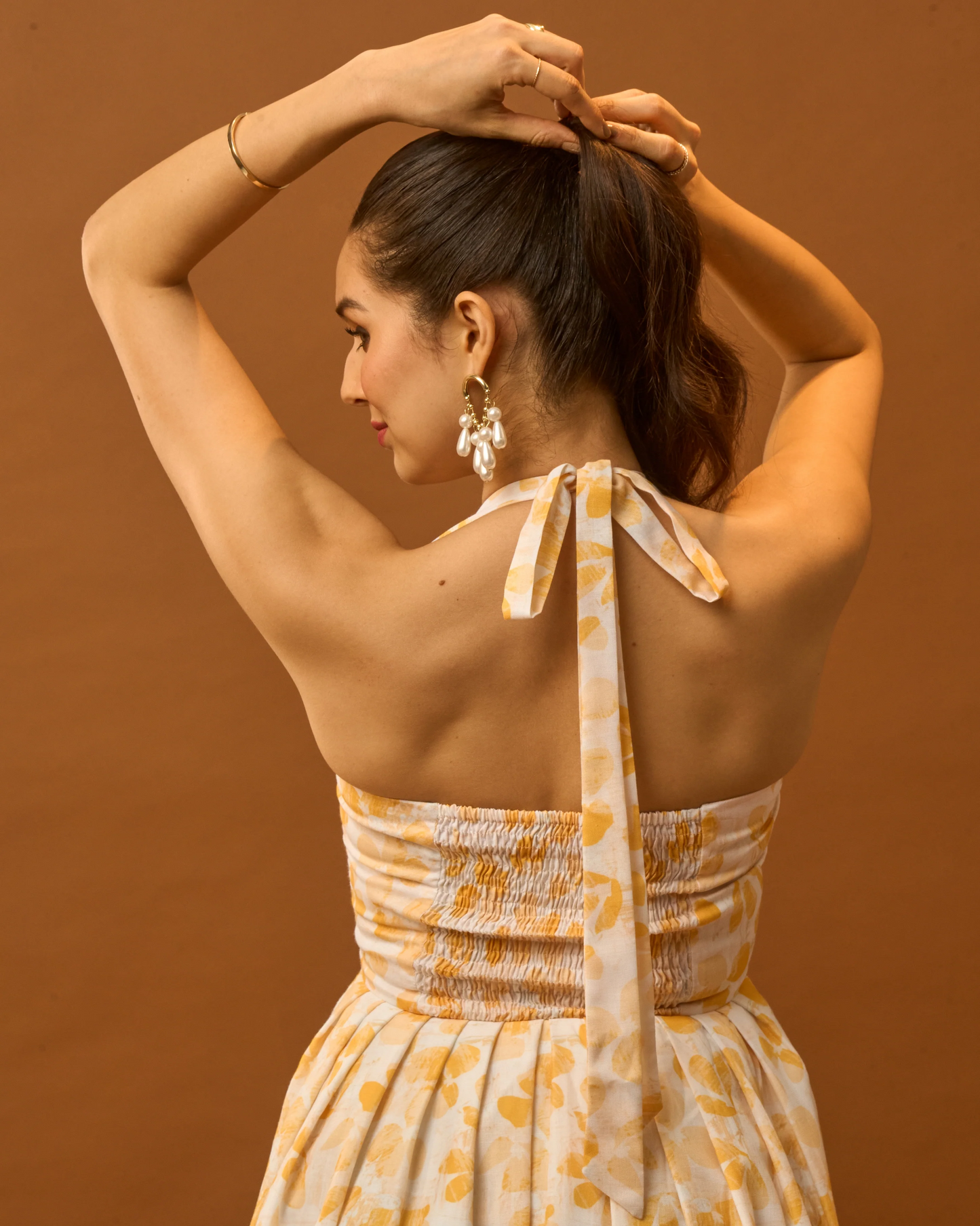 Moon Tie-Around Neck Strap Dress In Yellow