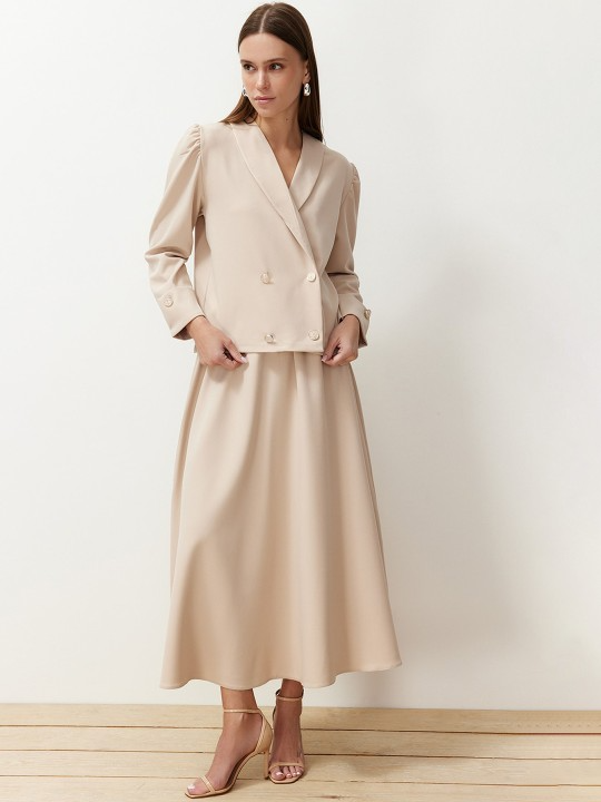 Double-Breasted Blazer & Midi Skirt Co-Ord Set