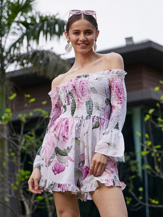 Off-Shoulder Smocked Playsuit
