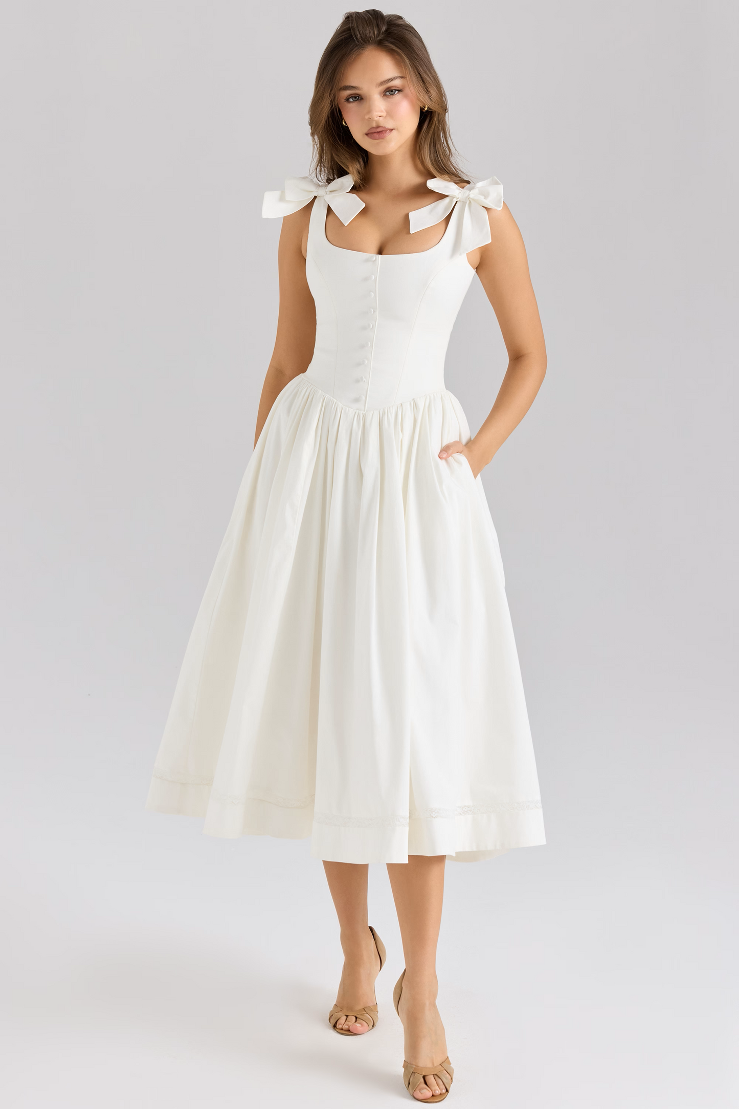 White Stretch Cotton Bow Midi Dress