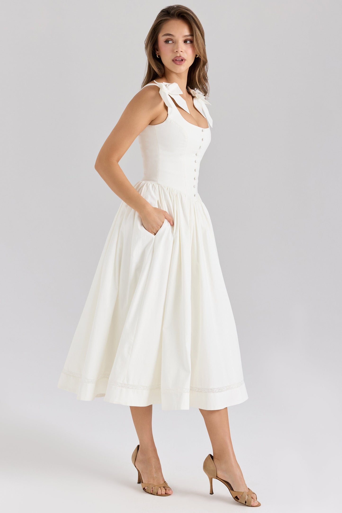 White Stretch Cotton Bow Midi Dress