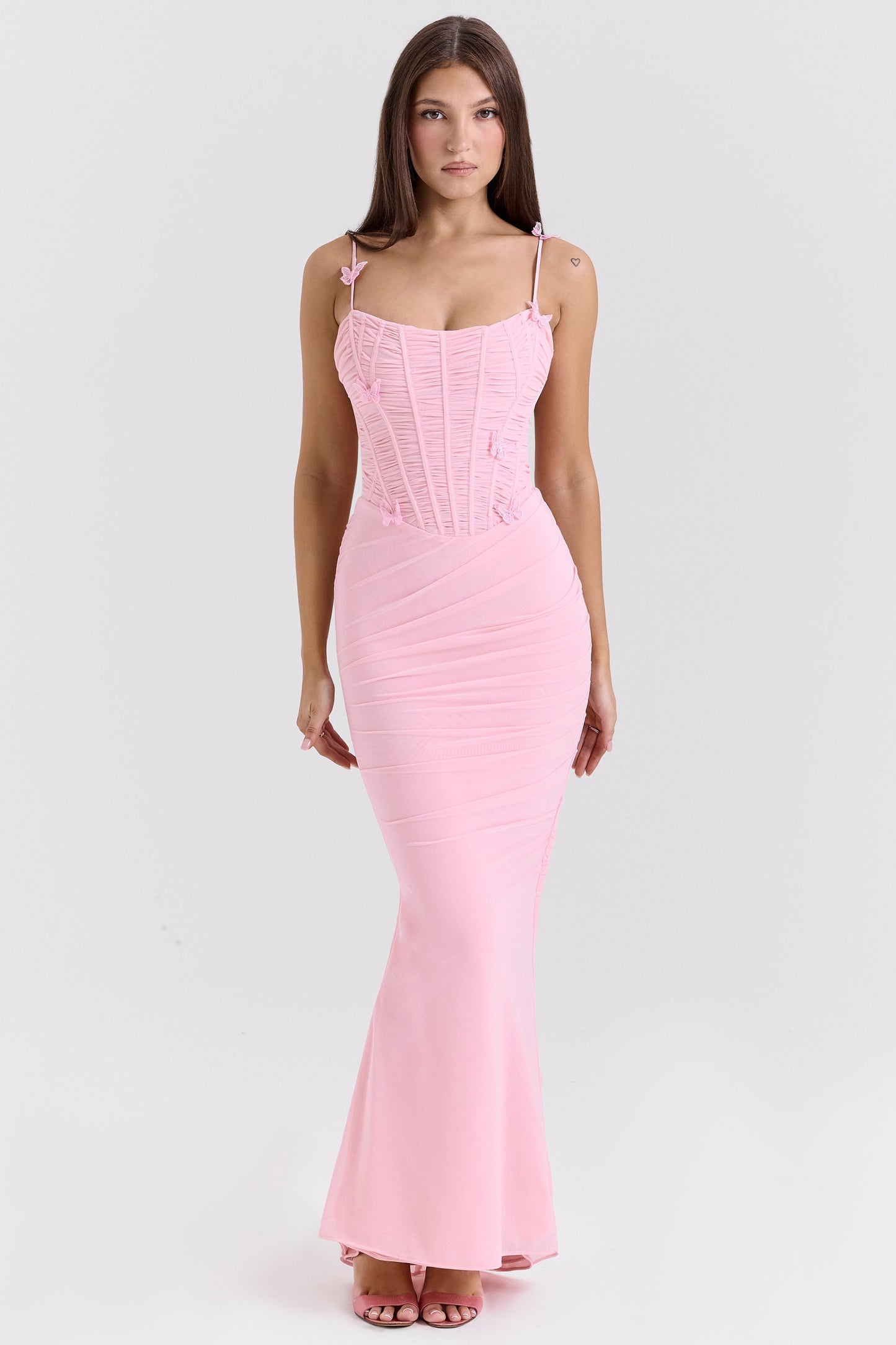 Pink Stretch Mesh Butterfly Maxi Dress