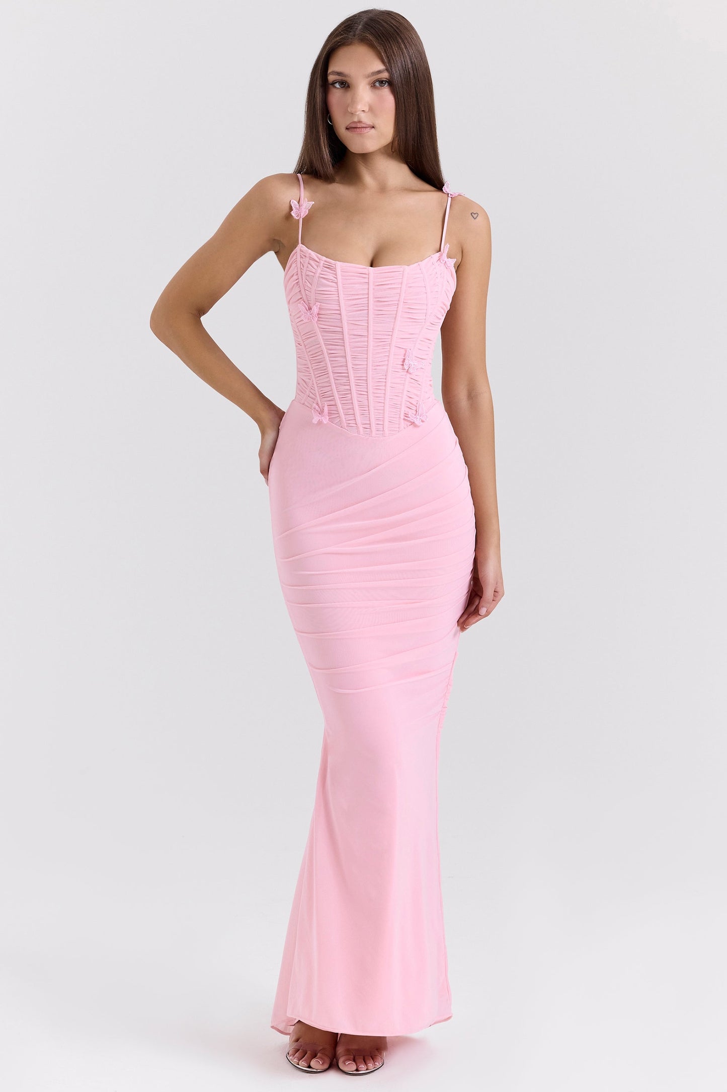 Pink Stretch Mesh Butterfly Maxi Dress