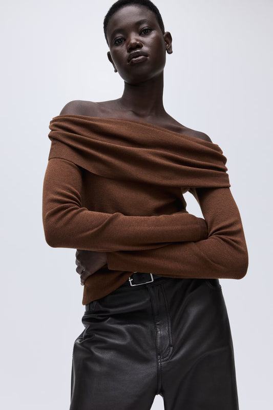 Cropped Rib-Knit Off-The-Shoulder Top