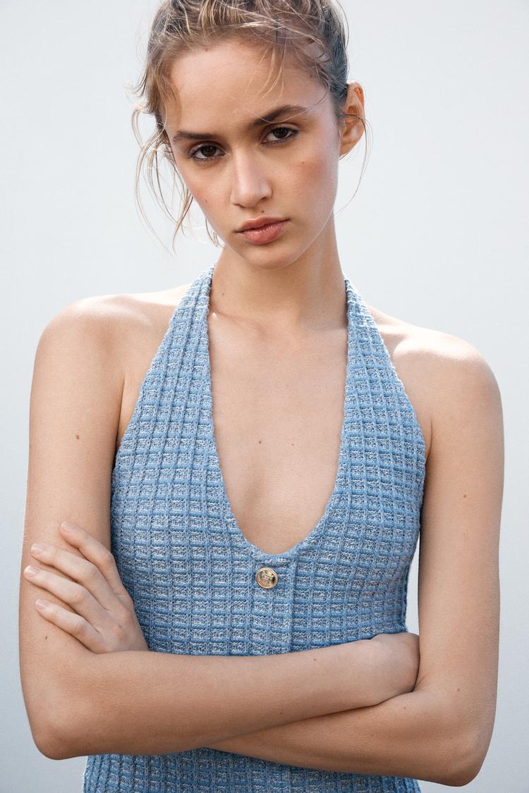 Blue Halter Neck Stretch Dress