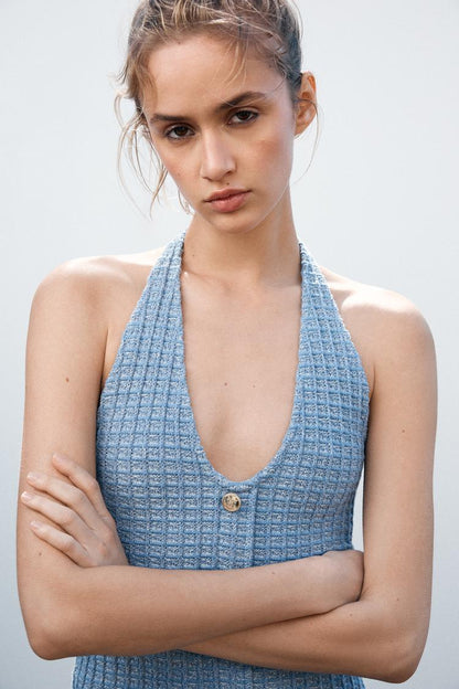 Blue Halter Neck Stretch Dress
